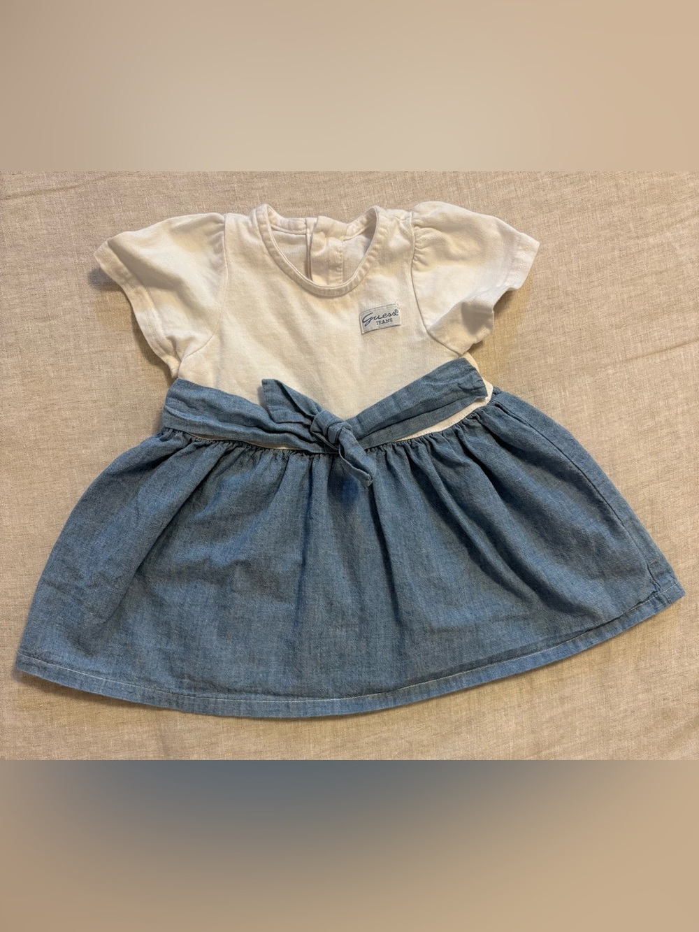 Vintage 90s Baby Guess Dress 12M Chambray Denim Knit Tie Waist USA Made